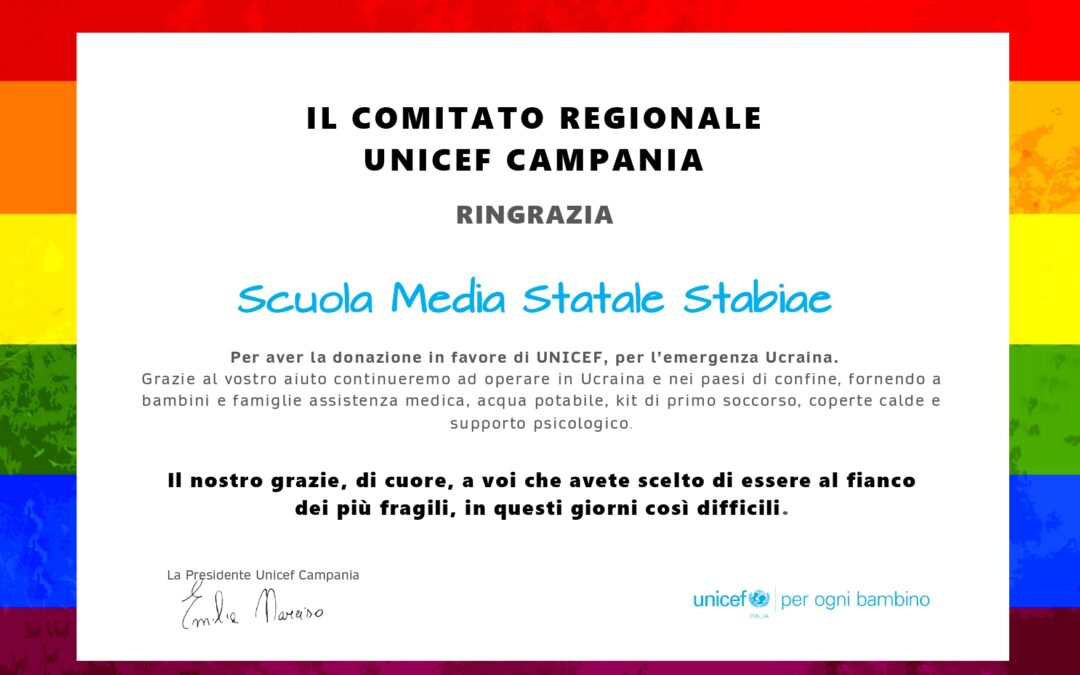 RINGRAZIAMENTI UNICEF – emergenza UCRAINA